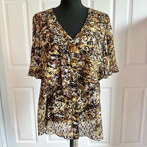 BCBGMaxAzria Brown and Gold Floral Flowy Blouse